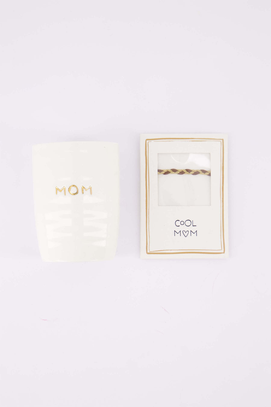 cadeauset Mom & Cool Mom - Koffiemok & armbandje gevlochten - Wit/goud & wit/oker