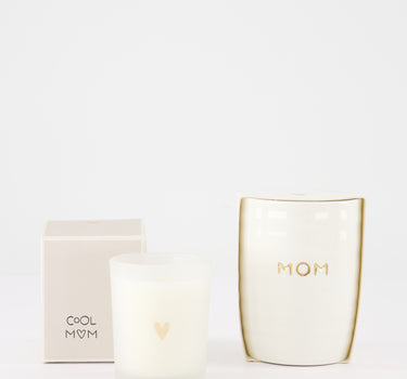 cadeauset Mom & Cool Mom - Koffiemok & geurkaars in doosje - Wit/goud & roze/wit