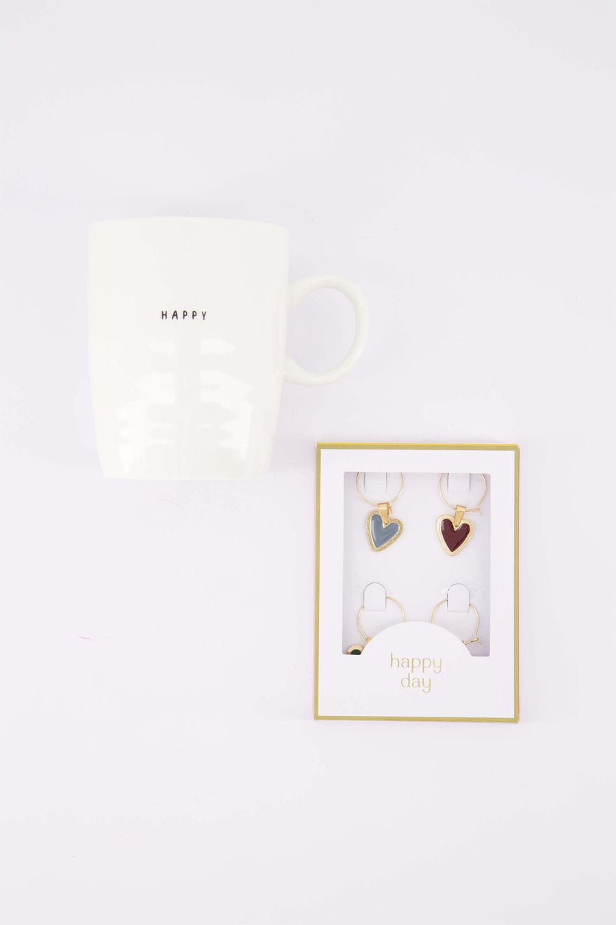 cadeauset Happy Day & Happy - Wijnglashangers & theemok - Multicolor & wit