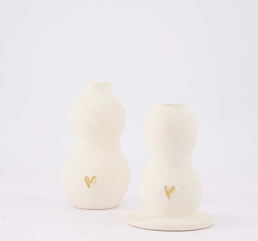 decoratieset Hartje - Kandelaar organisch & vaasje van keramiek - Wit/goud