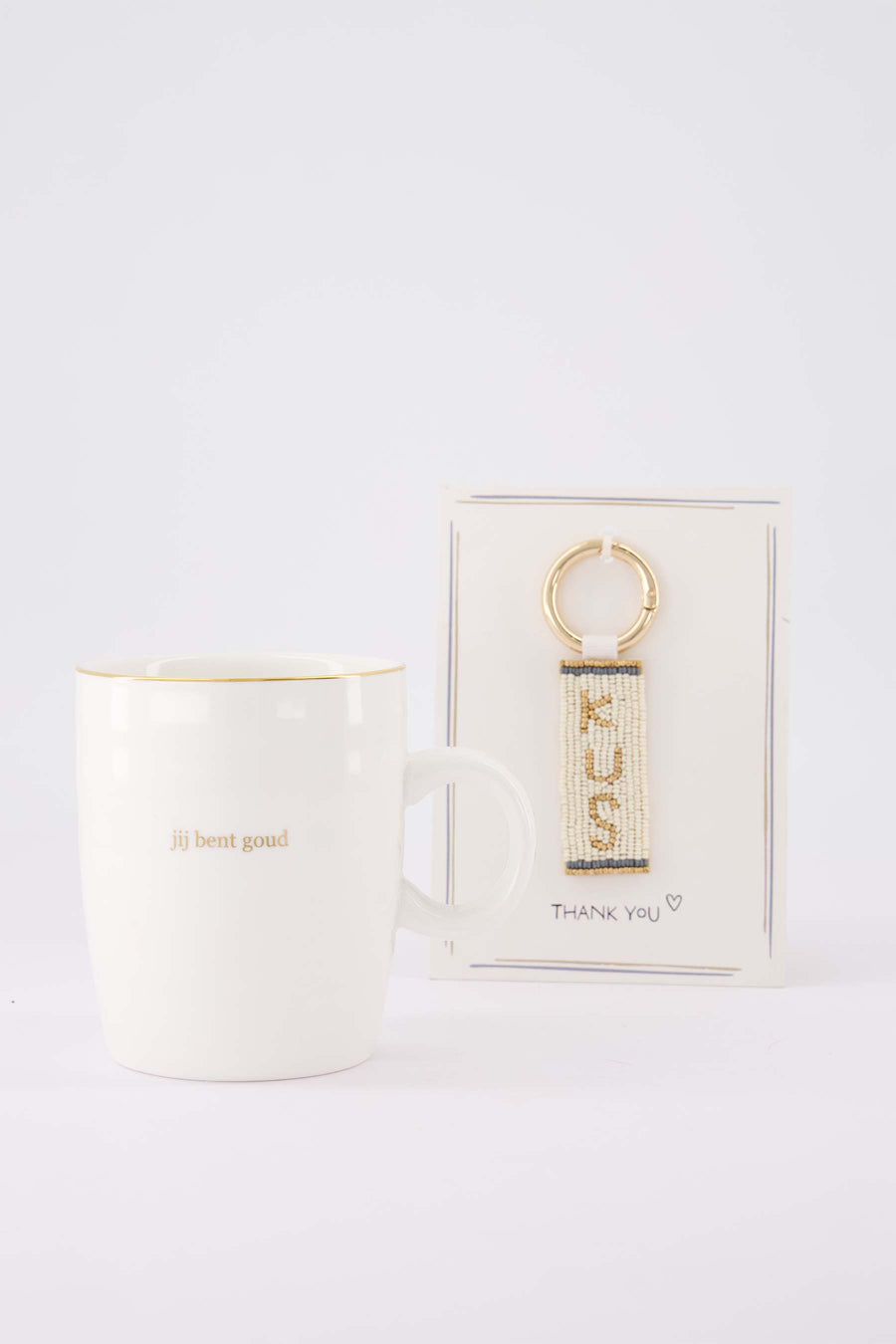 cadeauset Kus & Jij bent goud - Ansichtkaart met sleutelhanger & theemok - Wit/goud/blauw