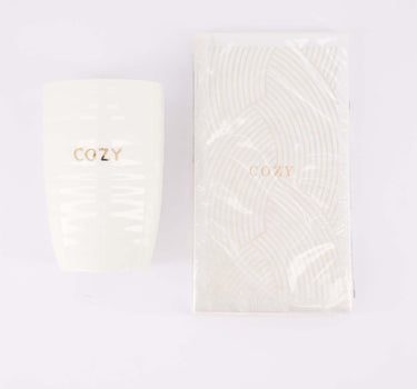 cadeauset Cozy - Mok L & servetten rechthoek vlechtpatroon - Wit/goud