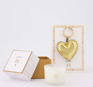 cadeauset Happy 21 - Ansichtkaart met sleutelhanger & geurkaars in doosje - Wit/oker