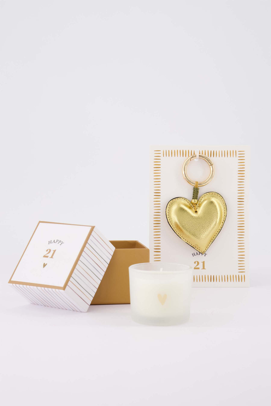 cadeauset Happy 21 - Ansichtkaart met sleutelhanger & geurkaars in doosje - Wit/oker