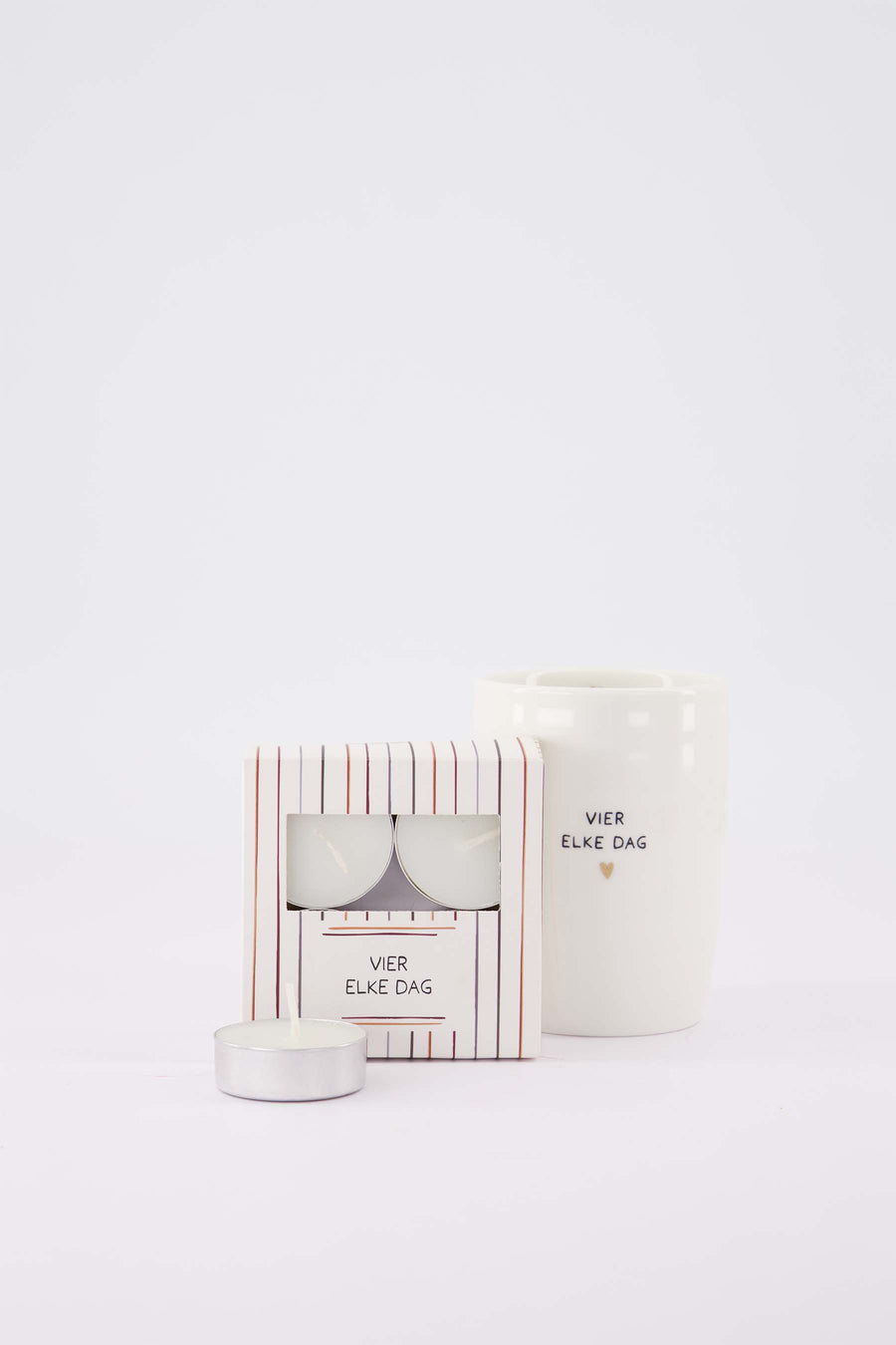 cadeauset Vier elke dag - Koffiemok & waxinelichtjes in doosje - 225ml