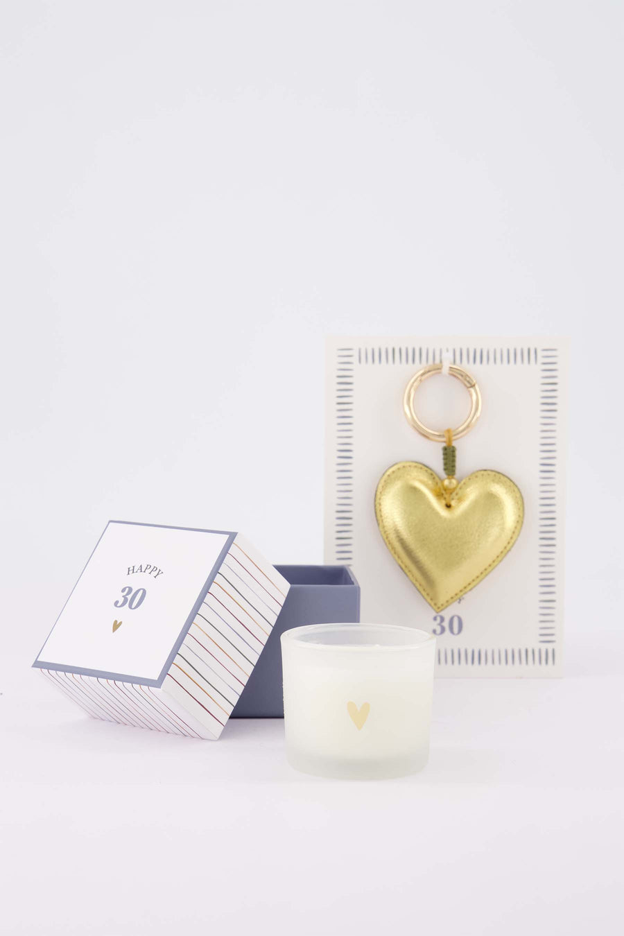 cadeauset Happy 30 - Ansichtkaart met sleutelhanger & geurkaars in doosje - Wit/asblauw