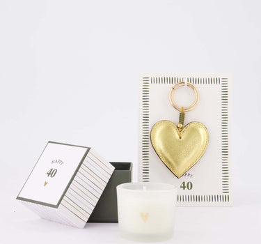 cadeauset Happy 40 - Ansichtkaart met sleutelhanger & geurkaars in doosje - Wit/donkergroen