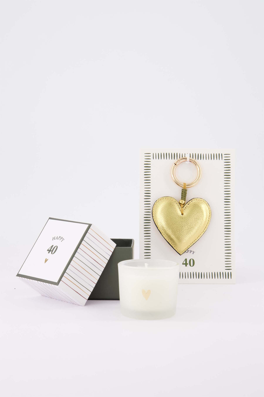 cadeauset Happy 40 - Ansichtkaart met sleutelhanger & geurkaars in doosje - Wit/donkergroen