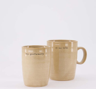 Set van 2 mokken – Theemok Vol van Liefde & Koffiemok Mijn Genietmomentje – Aardewerk – Zand -  350ml