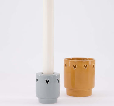set van 2 kaarshouders Hartjes - Waxinelichthouder & kandelaar keramiek - Camel & asblauw