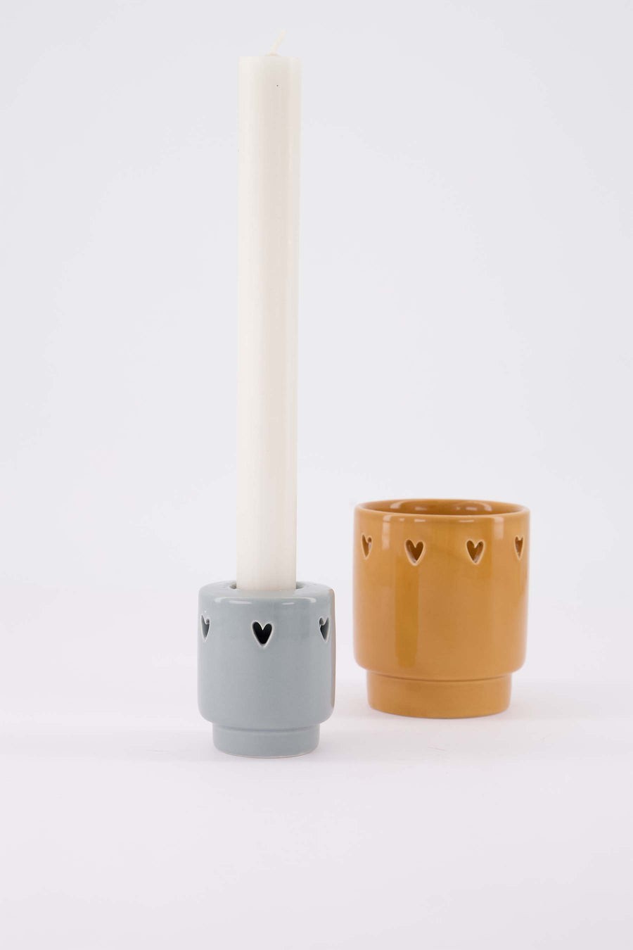 set van 2 kaarshouders Hartjes - Waxinelichthouder & kandelaar keramiek - Camel & asblauw