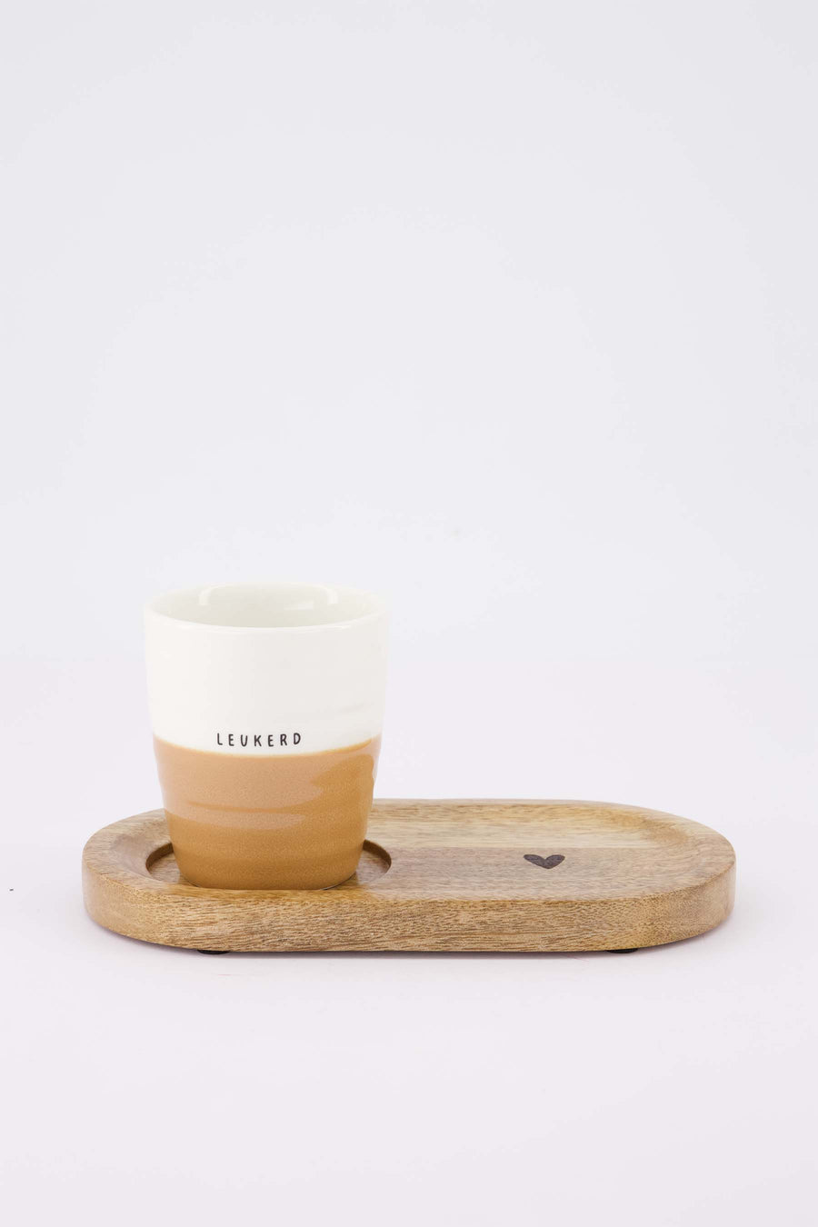 ontbijtset Leukerd - Koffiemok & serveerplankje hout hartje - Wit/camel & naturel
