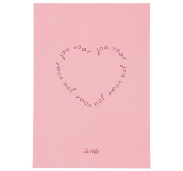 "Card for You" in pink and red by Zusss, a pink card with text arranged in a circle.