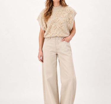 mouwloze trui met lurex jacquard | beige / goud
