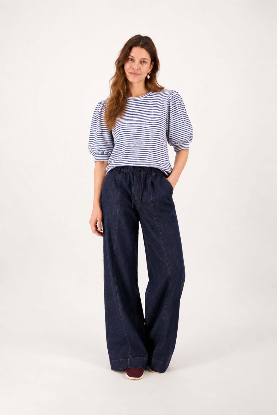 top met ballon mouw in streep | summer navy / off white