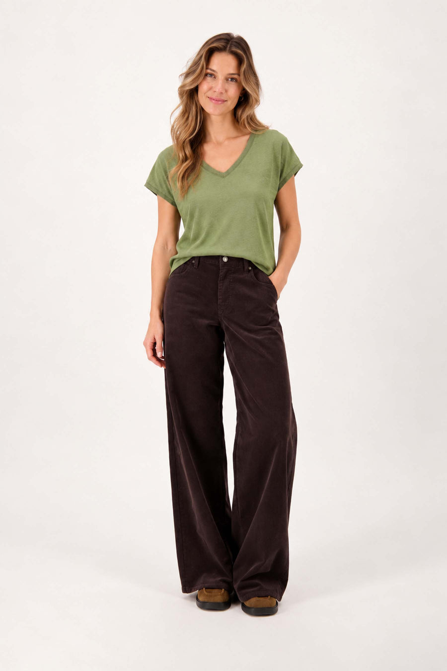 V-neck top with lurex trim | light moss green