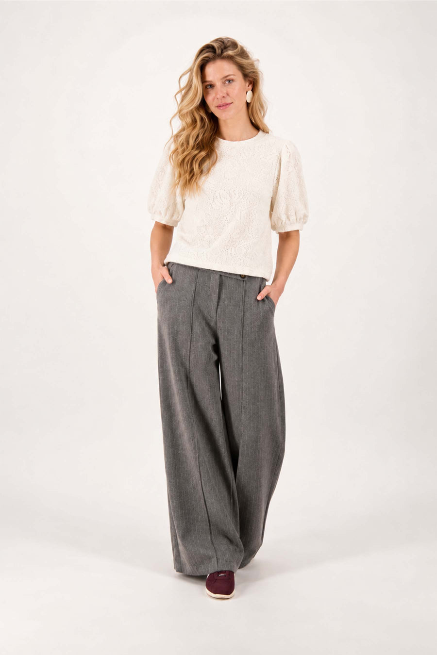 top met ballon mouw in stretch kant | off white