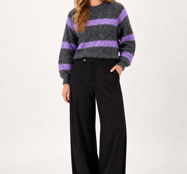 striped cable knit sweater with balloon sleeves | charcoal gray / mid purple