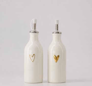Set - olie/azijn fles keramiek hartje wit/goud