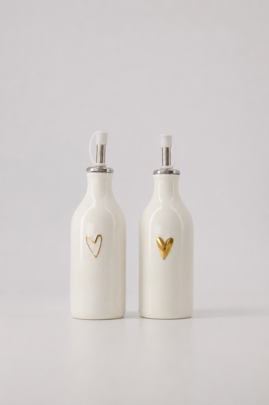 Set - olie/azijn fles keramiek hartje wit/goud