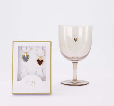 glazenset Happy Day - 2 wijnglazen hartje & wijnglashangers - Bruin/goud & multicolor