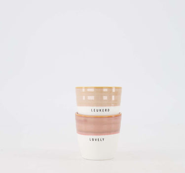 Gift Set - Espresso Cups by Zusss; three white ceramic cups with a pink band and beige rims.