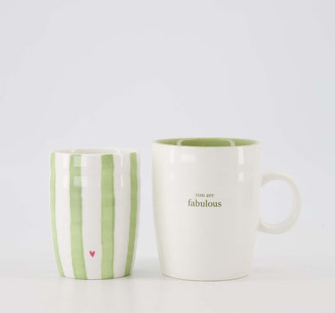 Gift Set - Coffee Mug and Tea Mug, two ceramic mugs with green stripes and a white interior accented with green, by Zusss.