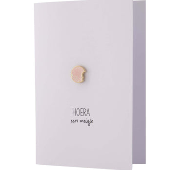wenskaart hoera een meisje broche | white / pink