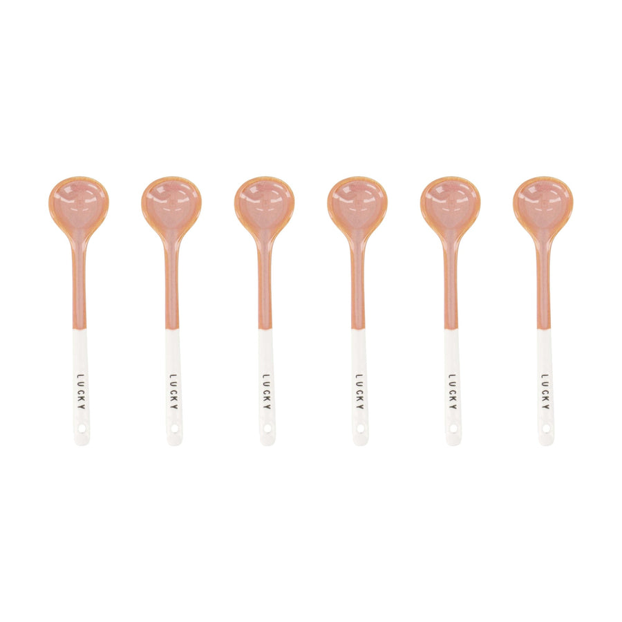 lepeltjes keramiek lucky set van 6 - wit/donkerroze