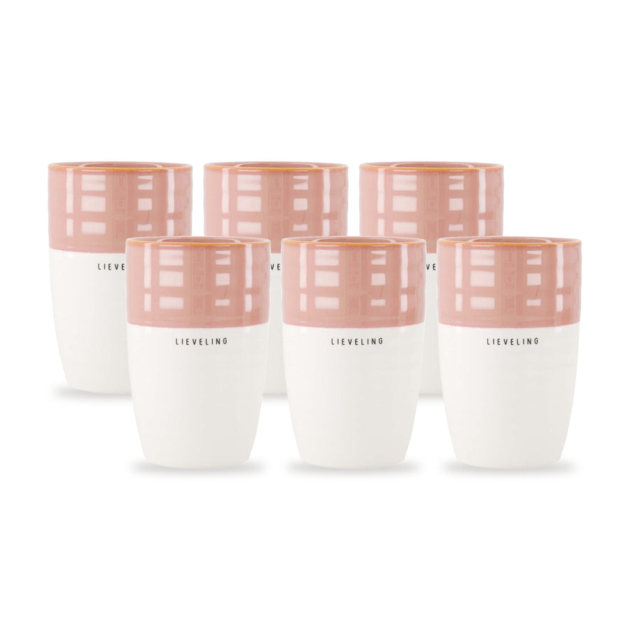 mok L lieveling set van 6 - wit/donkerroze